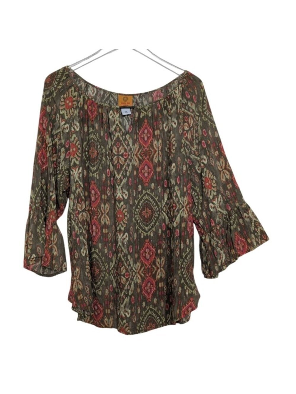 Ruby Rd Metallic Shirt Womens Size 2X Green Casual Bell Sleeve Lightweight